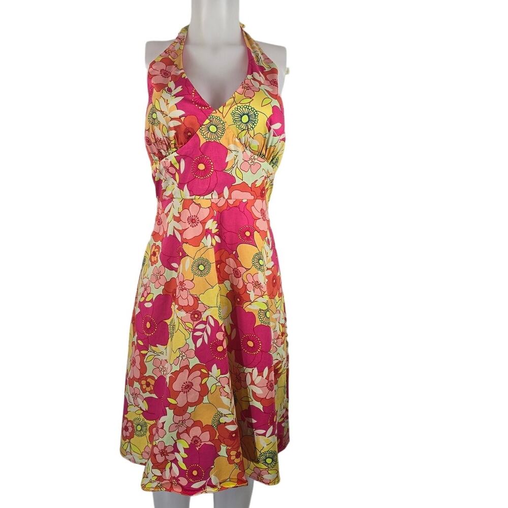 Madison Leigh NeckTye V-Neck Orange Pink Yellow Floral Summer Women's Dress 6